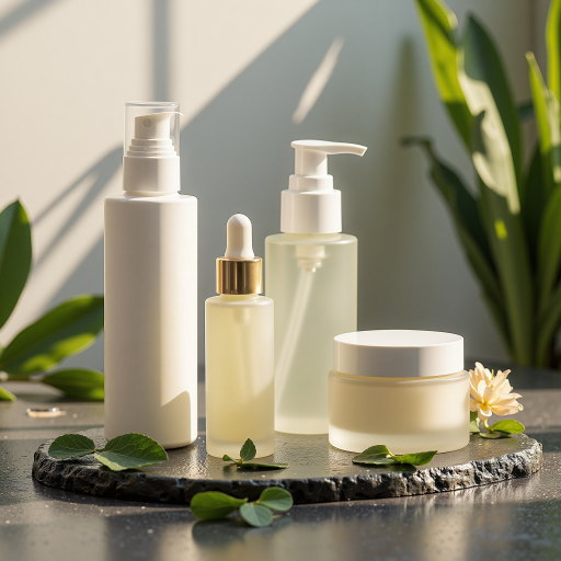 美妆护肤产品展示,护肤品、化妆品、美容工具等整齐陈列,清新自然背景